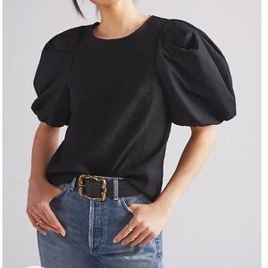 By Anthropologie womens Black mixed media puff sleeve blouse size medium